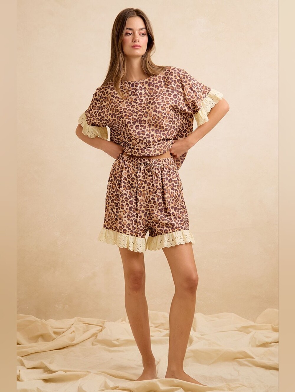 BiBi Leopard and Eyelet Lace Ruffled Top and Shorts Set